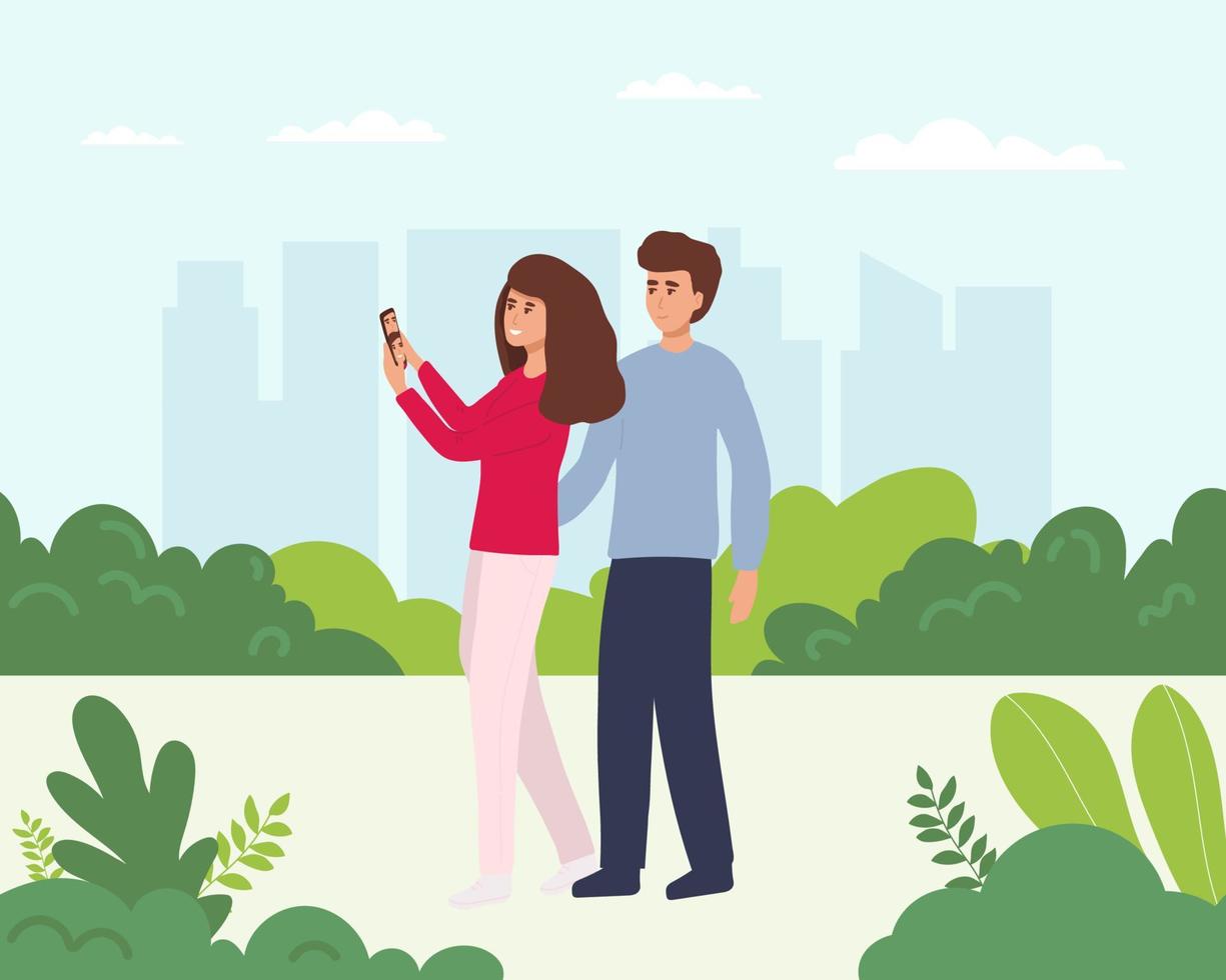 Happy couple are take selfie. Man and woman are photographed together. Vector illustration in a flat style
