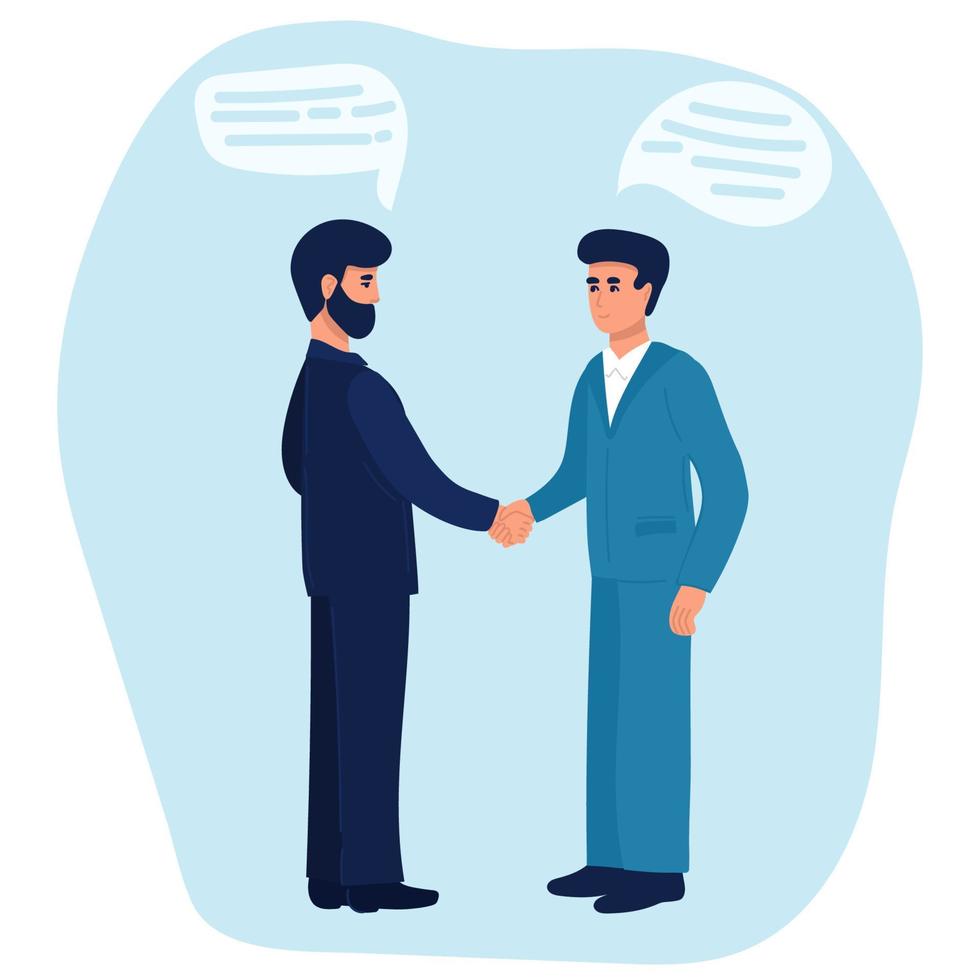 Business partnership. Illustration of business people in suits shaking hands. Flat design isolated on a white background. Vector 10 EPS.