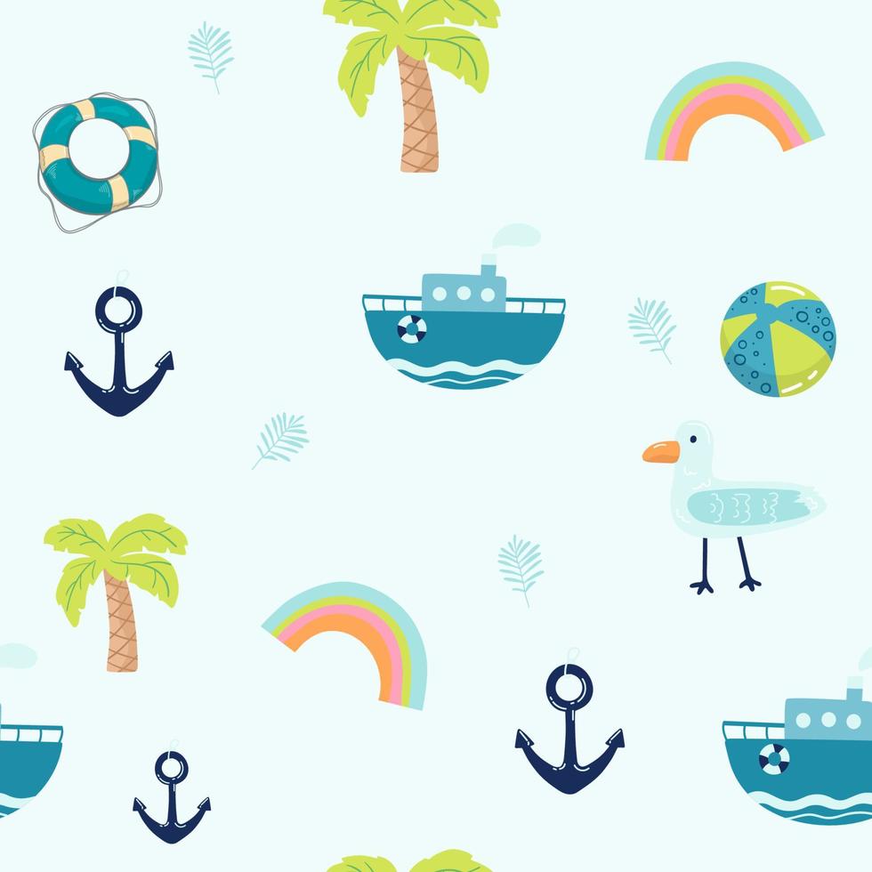 Vector hand-drawn colored childish seamless repeating simple flat pattern with whales in scandinavian style on a white background. Cute baby animals. Pattern for kids with whales. Sea. Ocean