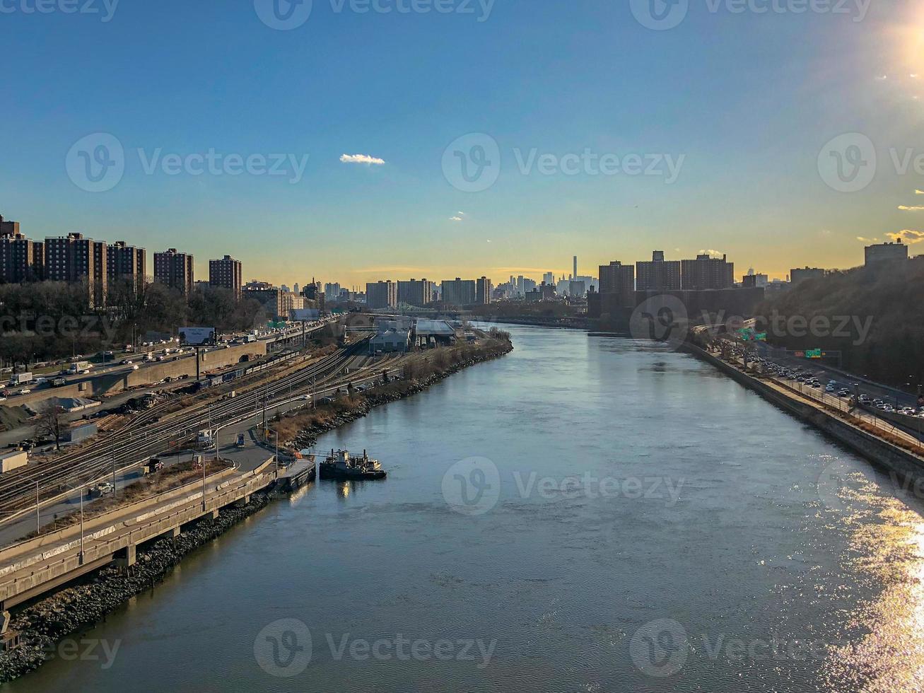 Aerial view along the Harlem River of the Bronx and Manhattan in New York City photo