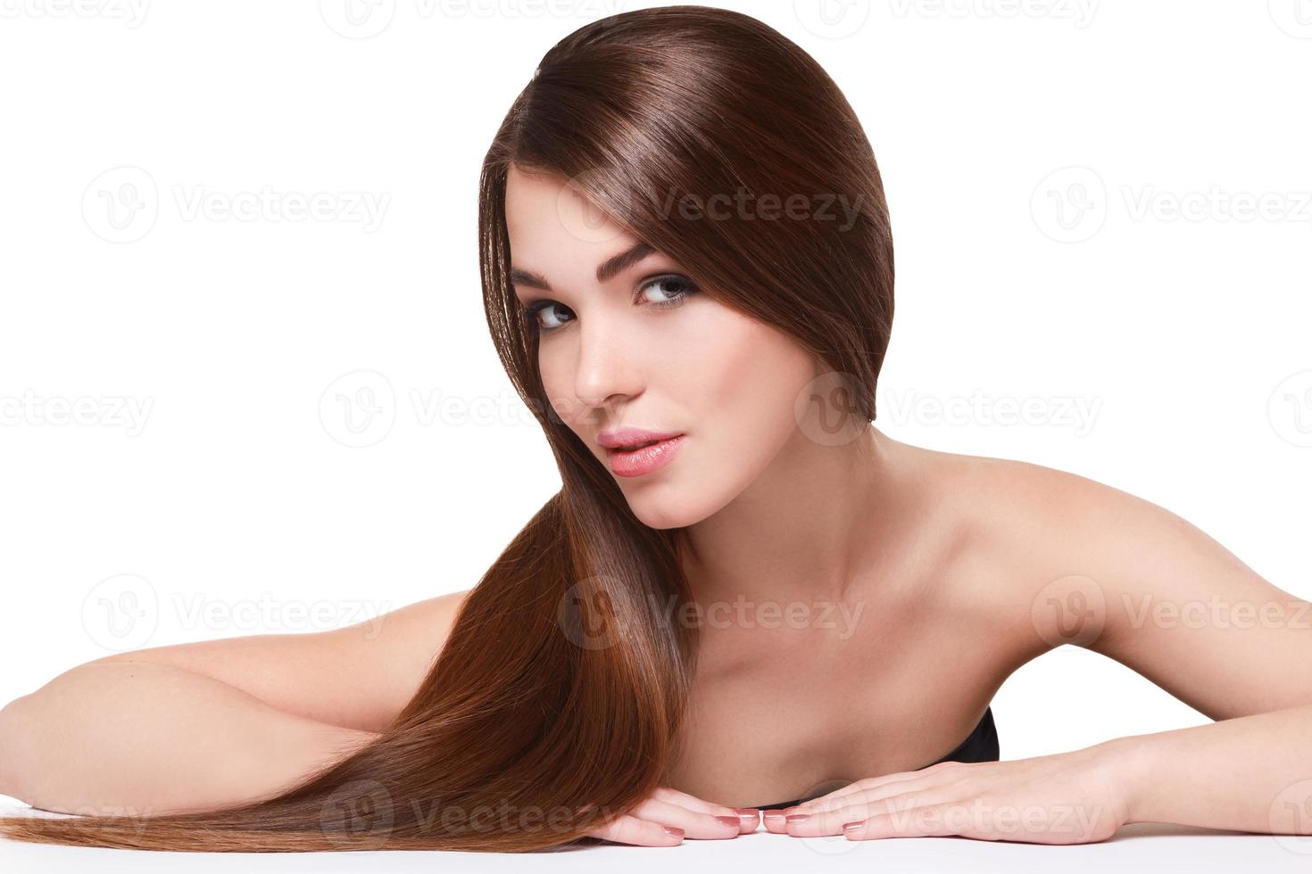 Woman with beautiful long hair on white background photo