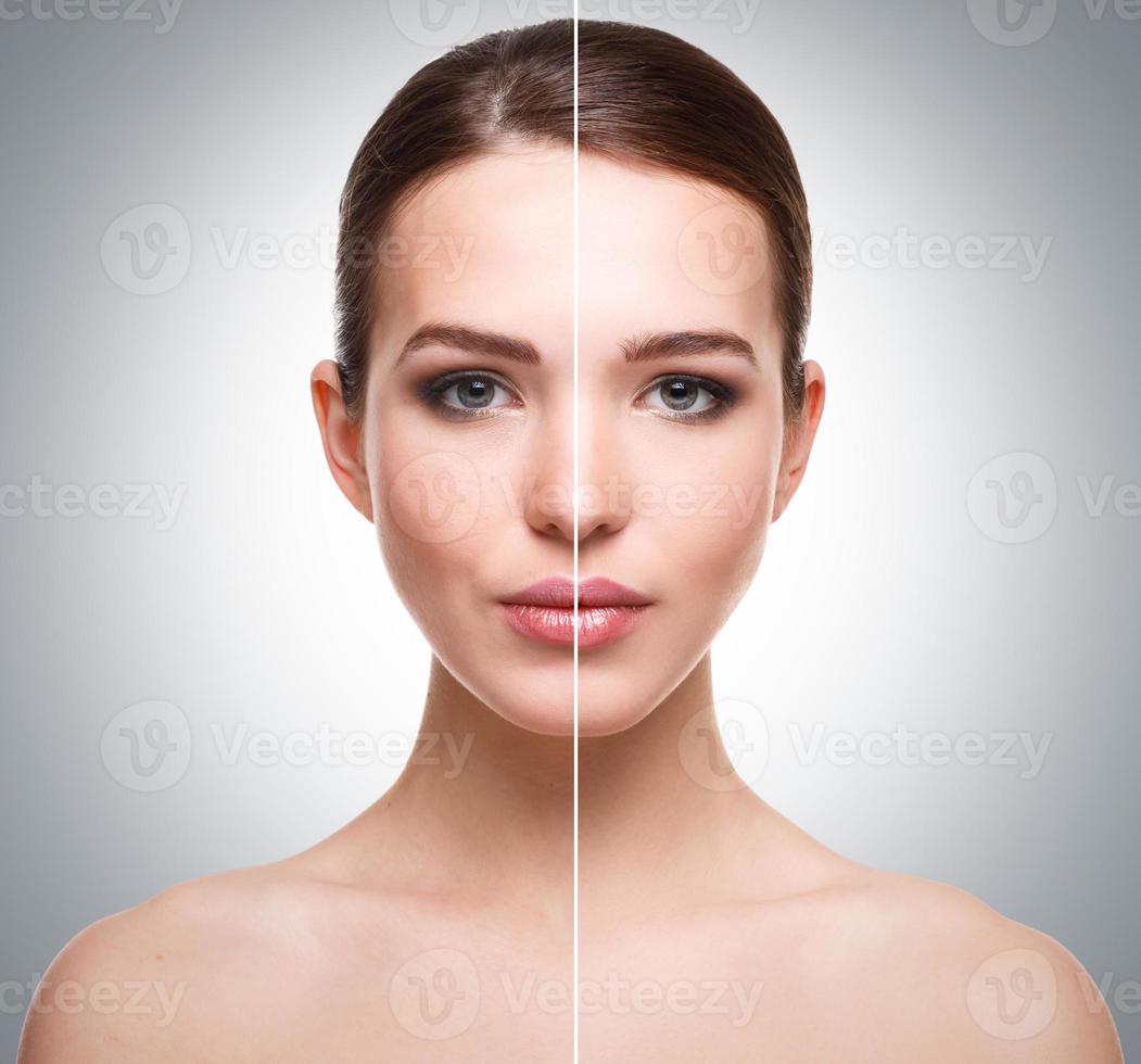 Female face comparison before and after retouch photo