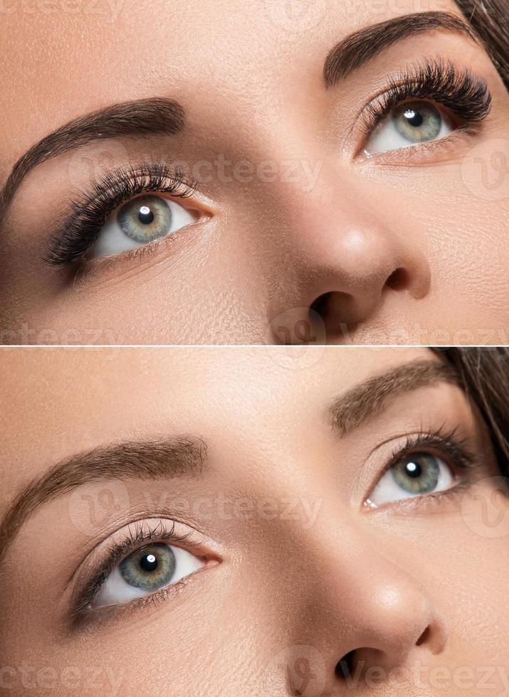 Face comparison after eyelash extension and eyebrow correction photo