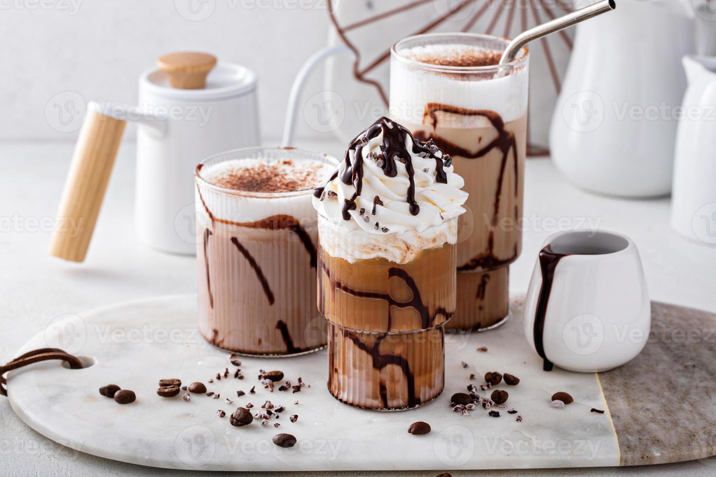 Mocha latte and iced frappe, refreshing and sweet coffee drinks photo
