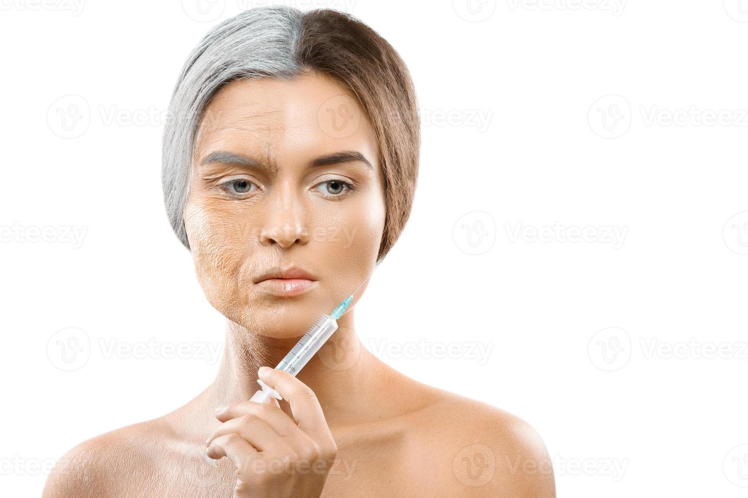 Young and old face comparison. Woman with syringe. photo