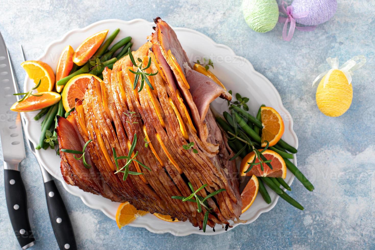 Traditional Easter ham with orange honey glaze photo