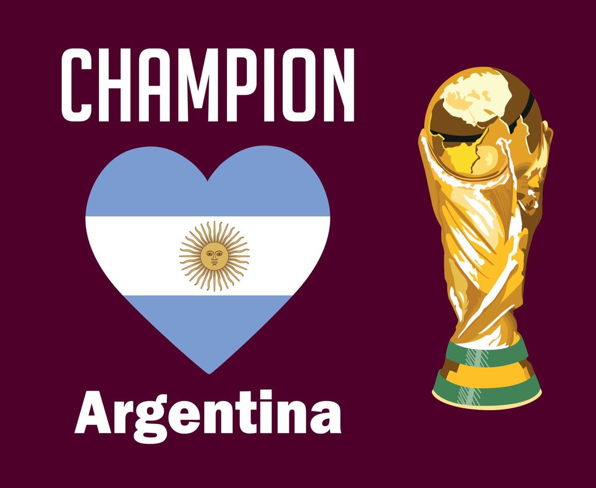 campeón del corazón de la bandera argentina con nombres y trofeo diseño de símbolo de fútbol final de la copa mundial vector de américa latina ilustración de equipos de fútbol de países latinoamericanos