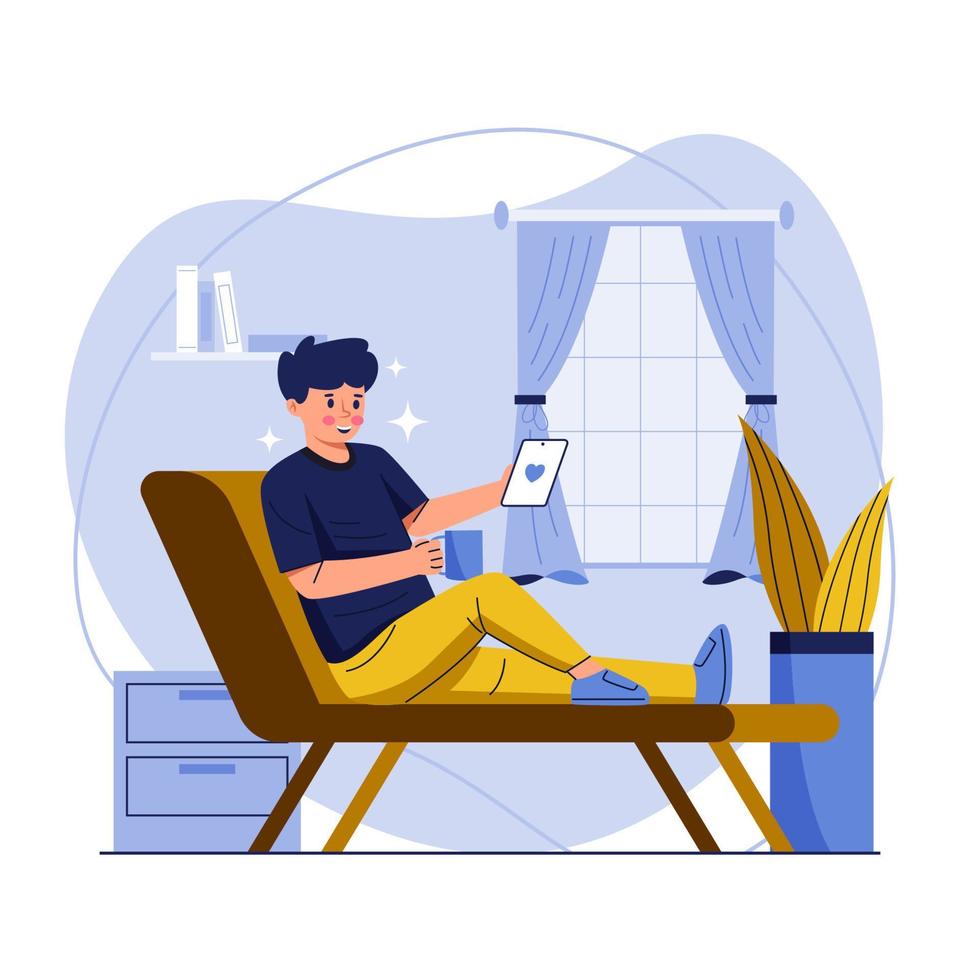 A Man Enjoying His Quality Time with Relaxing and Have a Cup of Coffee vector