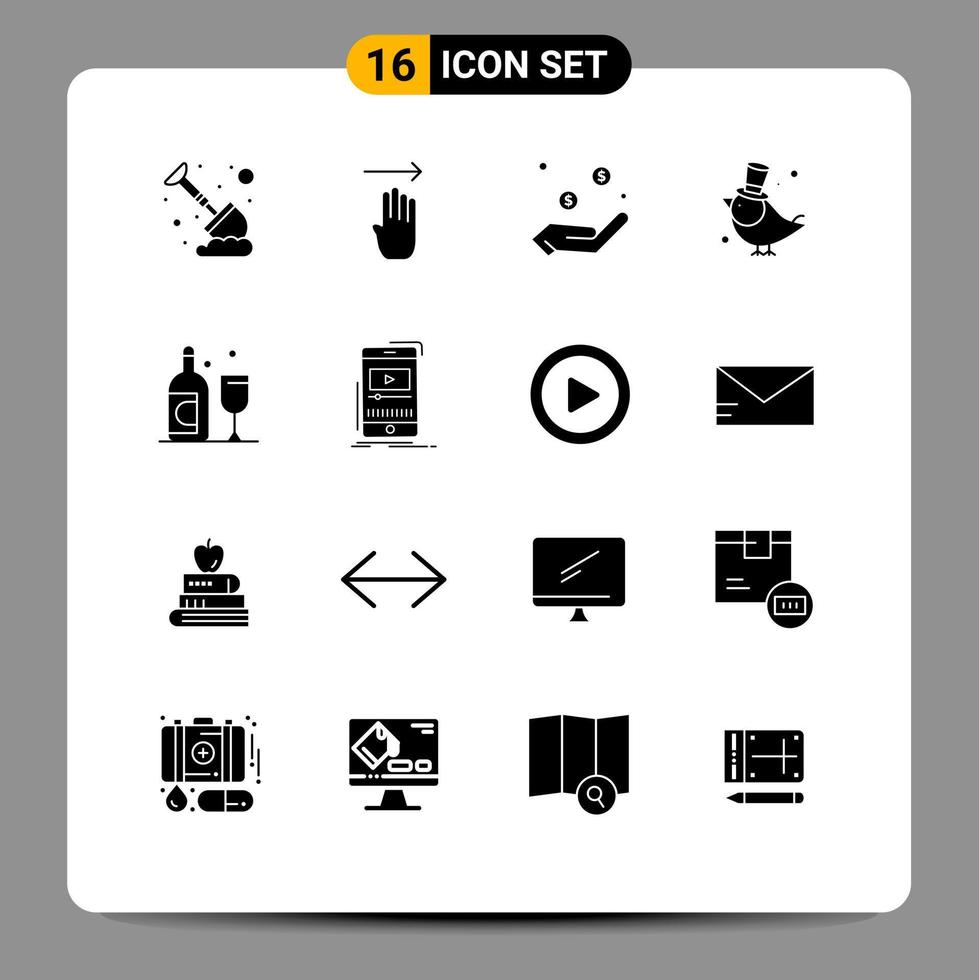 Pictogram Set of 16 Simple Solid Glyphs of glass sparrow charity pet bird Editable Vector Design Elements