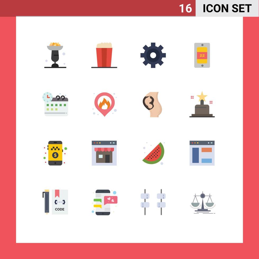 Mobile Interface Flat Color Set of 16 Pictograms of map fire cogwheels time corporate Editable Pack of Creative Vector Design Elements