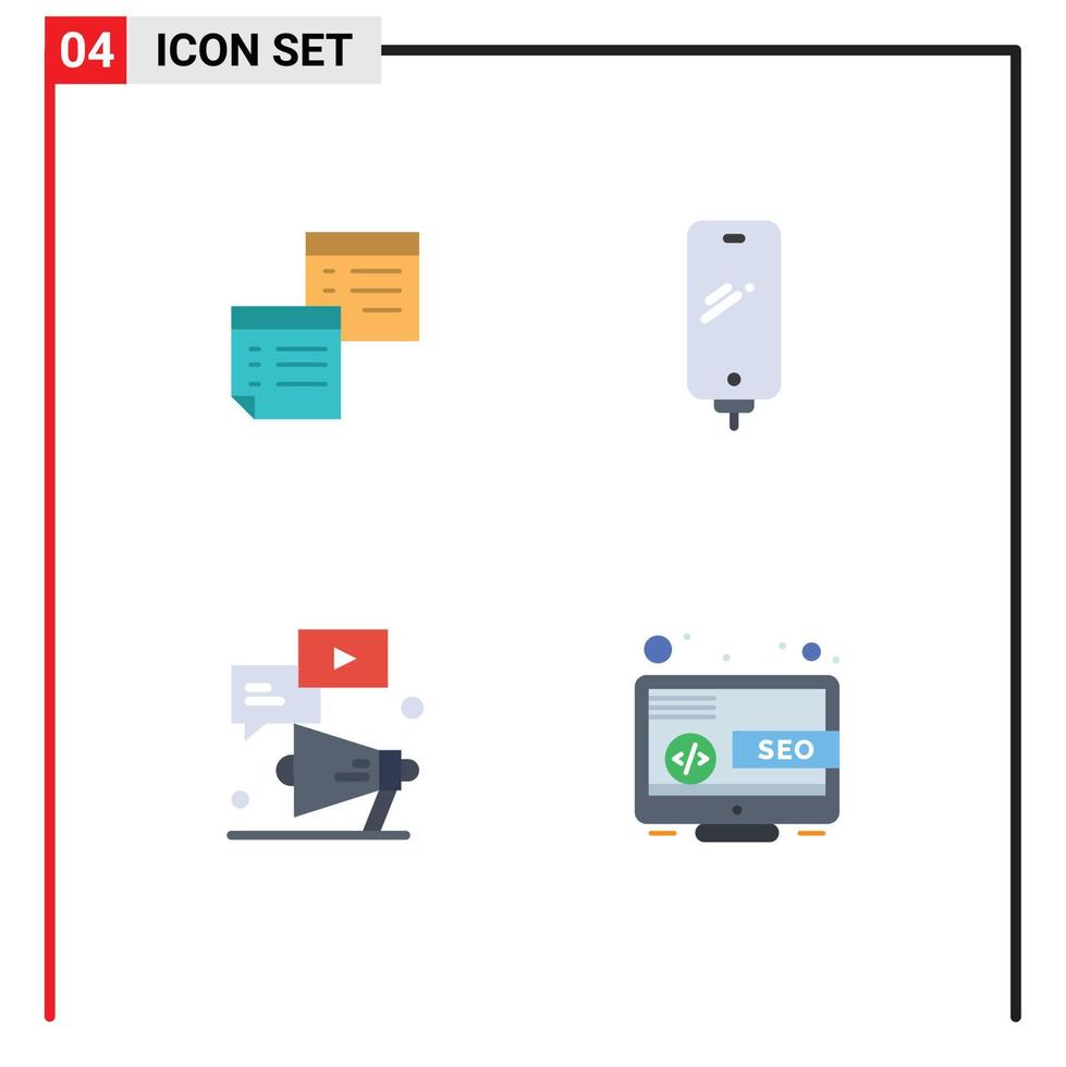 Modern Set of 4 Flat Icons Pictograph of sticky mobile notes paper battery Editable Vector Design Elements