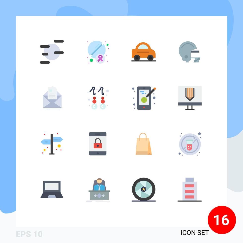 Pack of 16 creative Flat Colors of briefing letter vehicle contract helmet Editable Pack of Creative Vector Design Elements