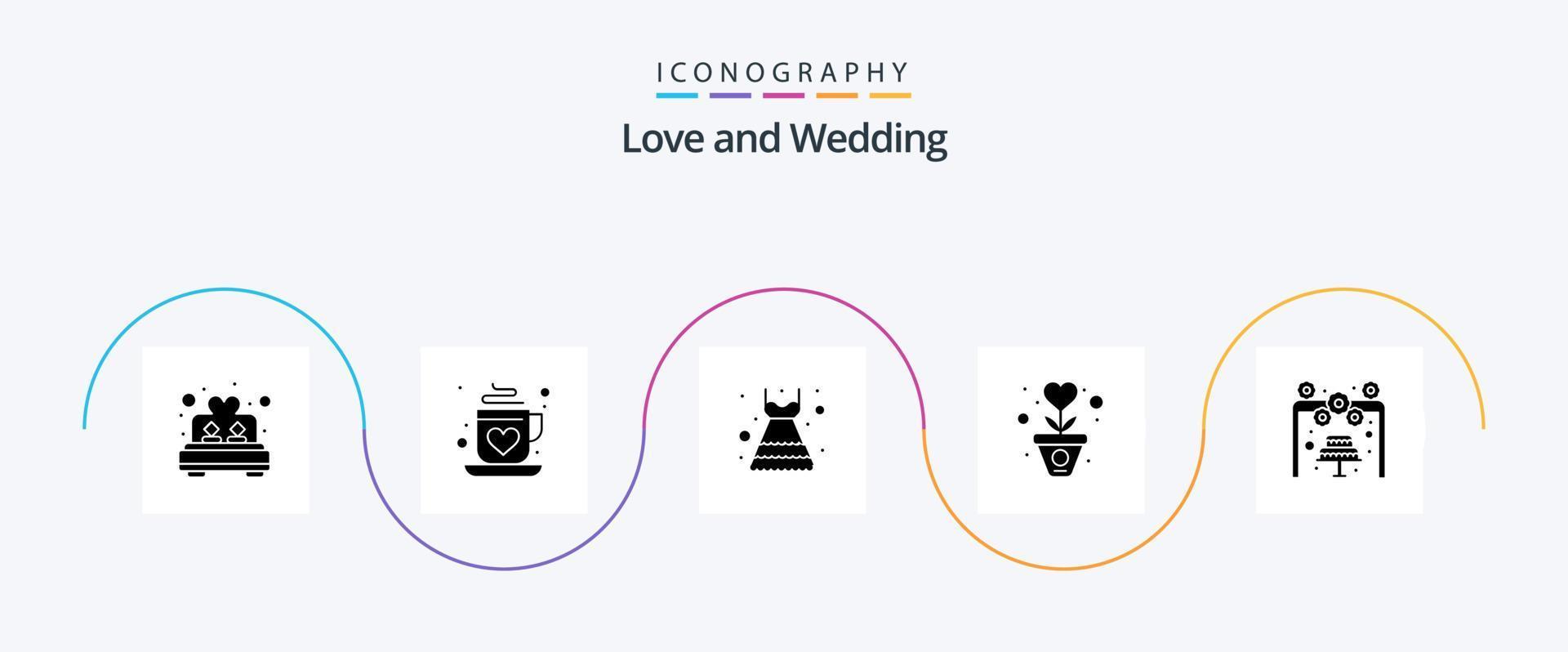 paquete de iconos de glifo de boda 5 que incluye pastel. corazón. novia. crecimiento. gratitud vector