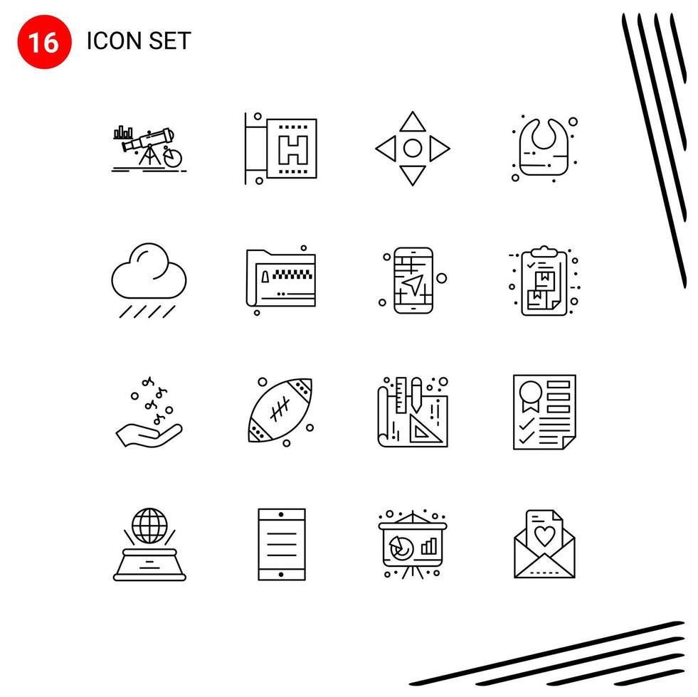 Pictogram Set of 16 Simple Outlines of folder rain arrow cloud bib Editable Vector Design Elements