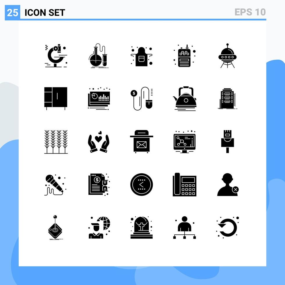 Group of 25 Modern Solid Glyphs Set for ship space ship apron wireless radio Editable Vector Design Elements