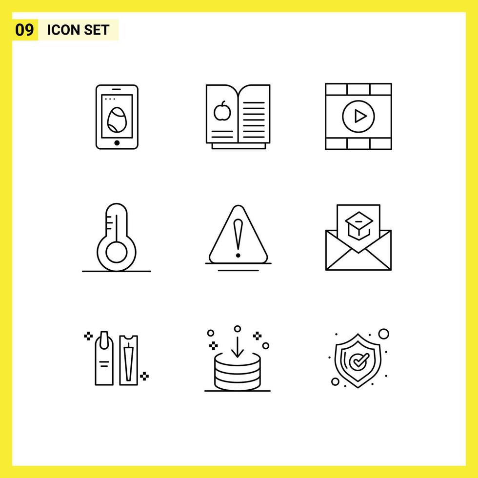 Mobile Interface Outline Set of 9 Pictograms of communication warning play danger thermometer Editable Vector Design Elements