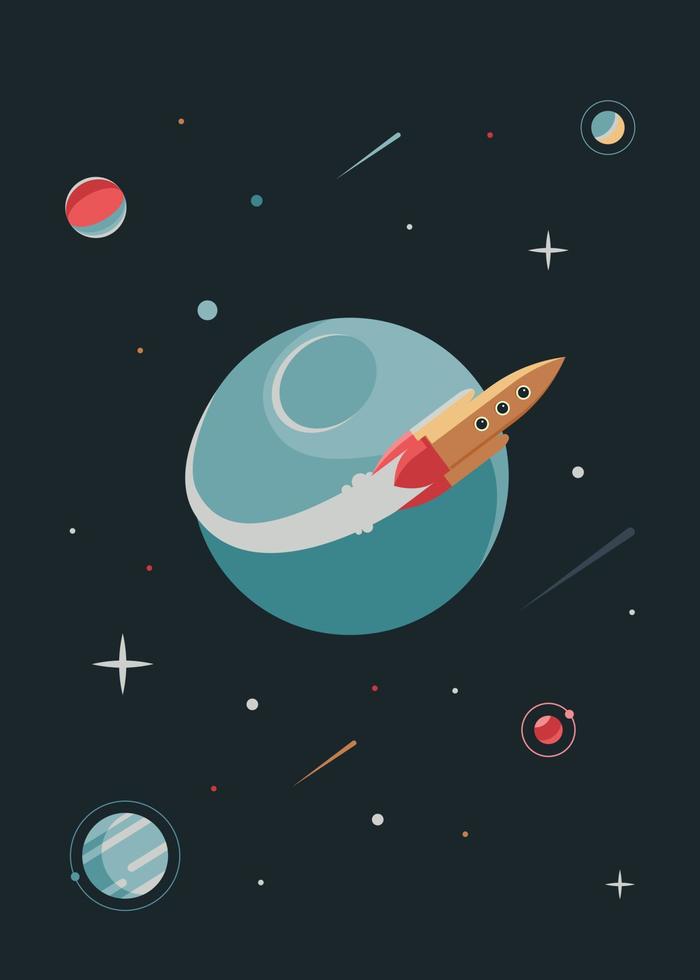 Poster with rocket flying around planet. vector