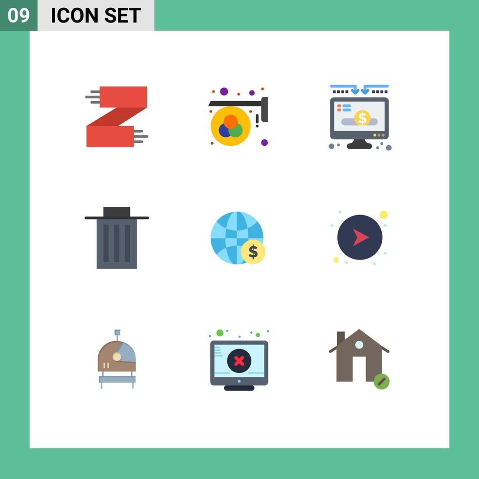 Set of 9 Vector Flat Colors on Grid for user interface palette delete money Editable Vector Design Elements