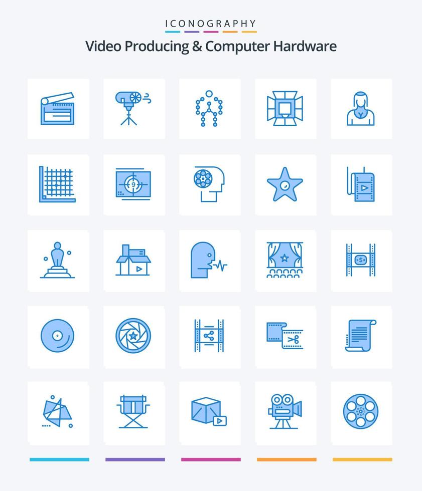 Creative Video Producing And Computer Hardware 25 Blue icon pack  Such As professional. light. special. illumination. human vector
