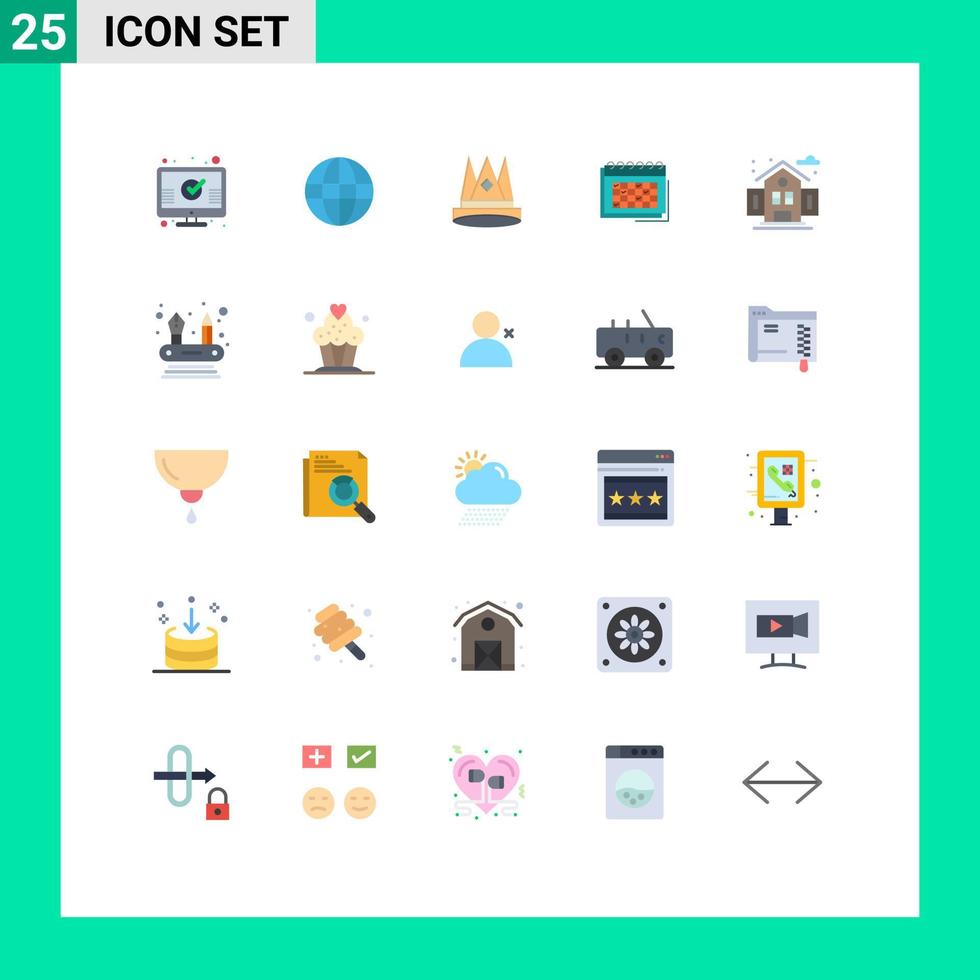 paquete de 25 signos y símbolos modernos de colores planos para medios de impresión web, como elementos de diseño vectorial editables de la posición del calendario de la corona de eventos vector