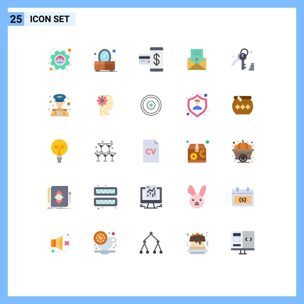 User Interface Pack of 25 Basic Flat Colors of key video player cashless sms mail Editable Vector Design Elements