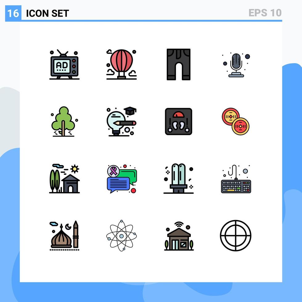 16 Universal Flat Color Filled Line Signs Symbols of nature microphone mountain mic pants Editable Creative Vector Design Elements