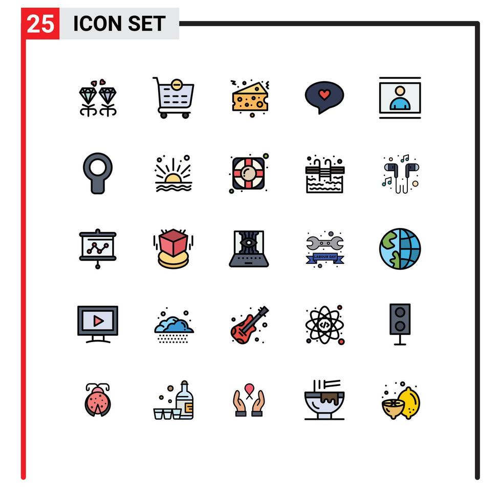 Pack of 25 Modern Filled line Flat Colors Signs and Symbols for Web Print Media such as photo image cheese human heart Editable Vector Design Elements