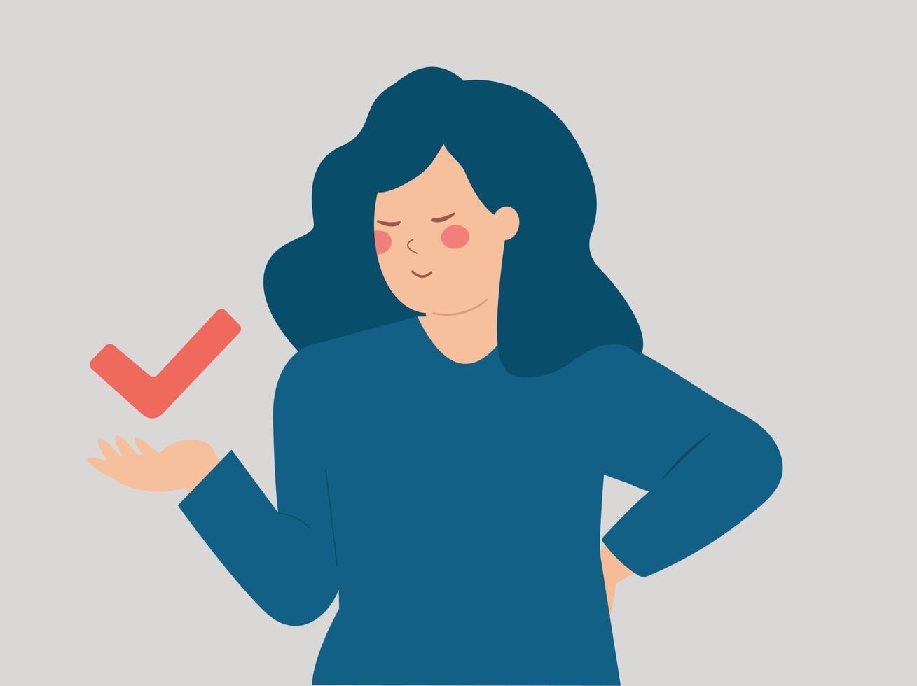 Woman holds a check mark to accept or approve something. Female supports an idea and agrees with it by saying YES or OK. Voting, feedback and review concept. Vector illustration.