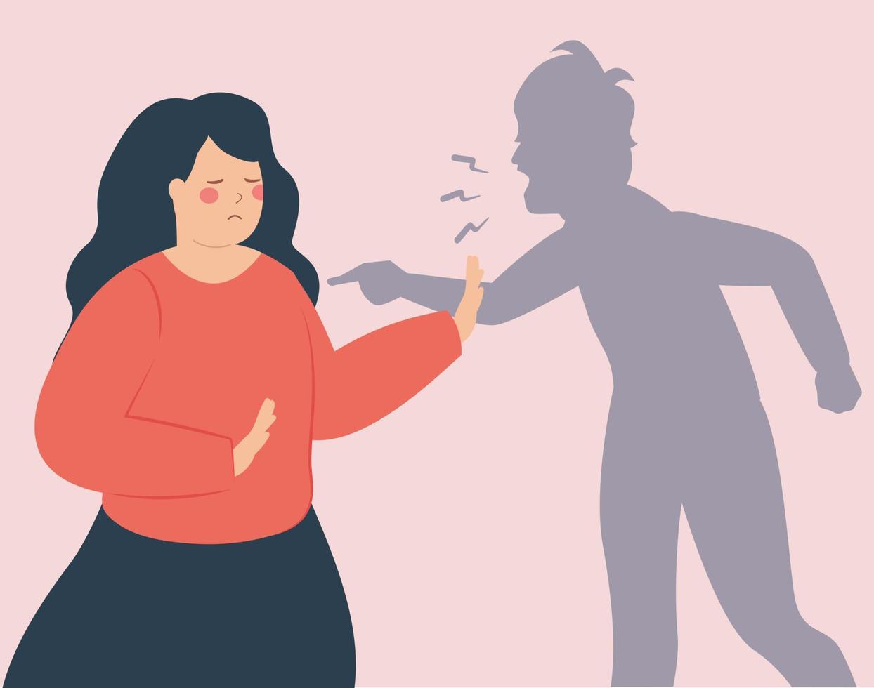 Sad woman suffers from bullying and defends herself from an abuser. Victim gets abused and blamed by someone who points a finger on her. Stop violence, abuse and hate against women. vector