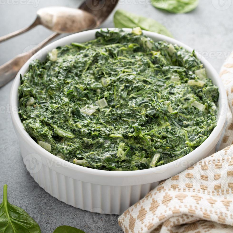 Creamed spinach in a white bowl photo