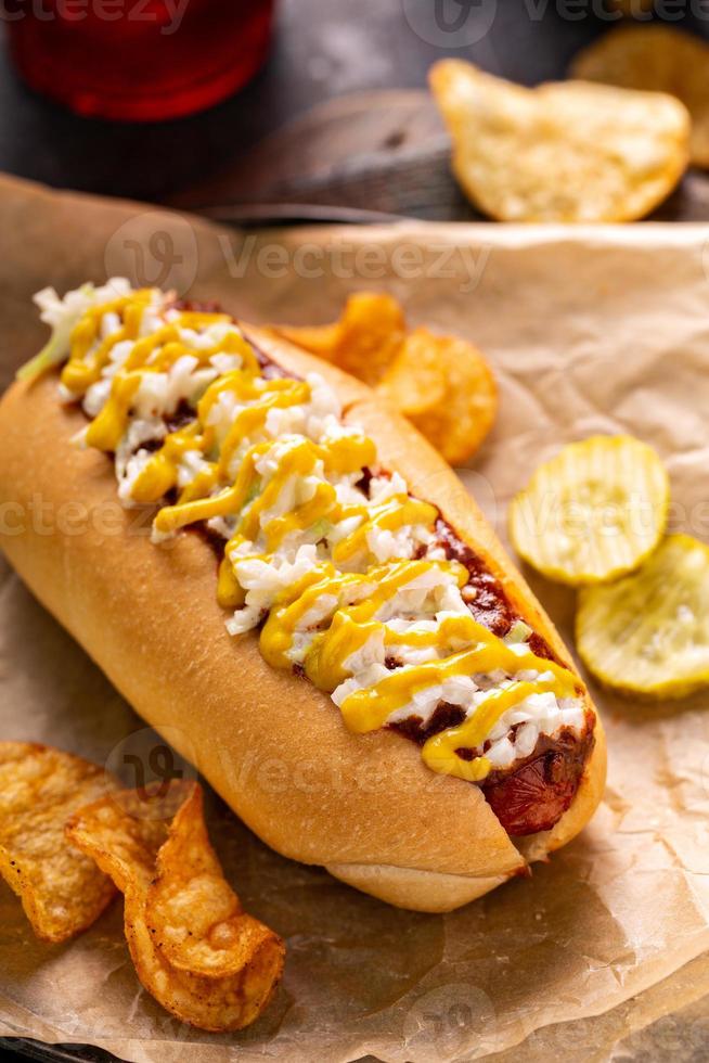 Chili hot dog with onion and mustard photo