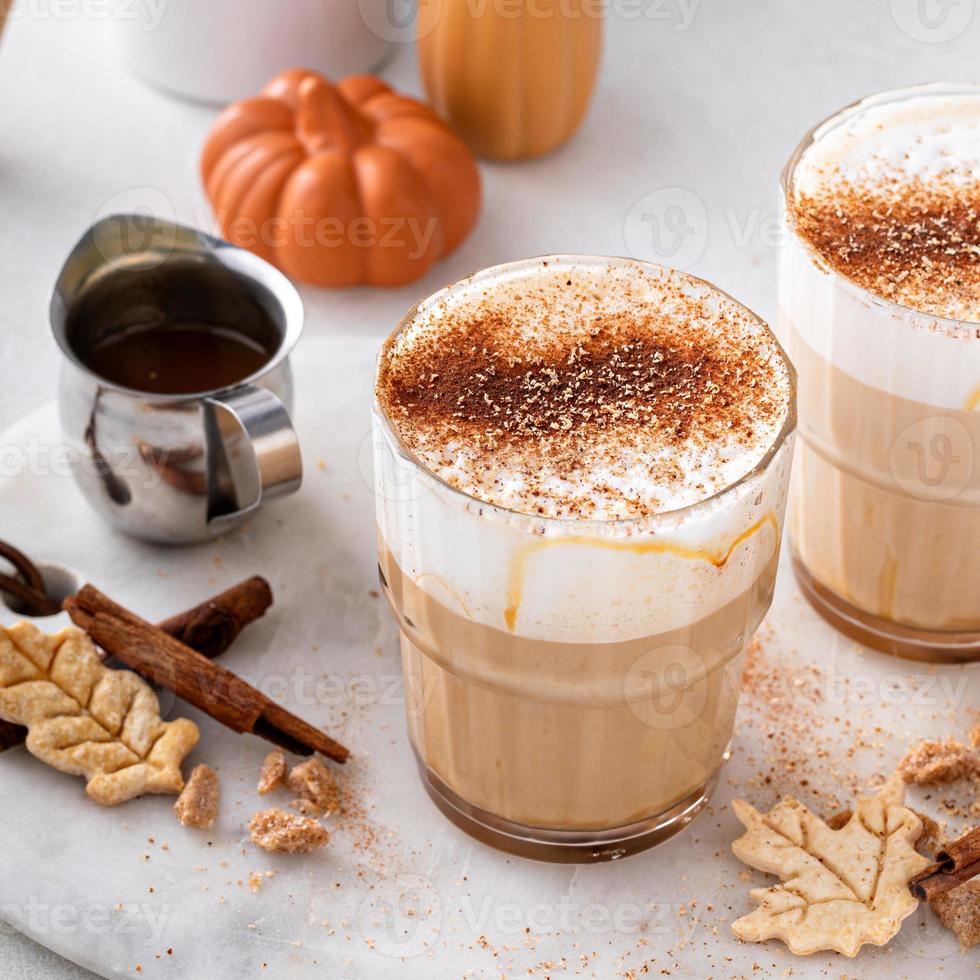 Pumpkin spice latte topped with milk foam and dusted with cinnamon photo