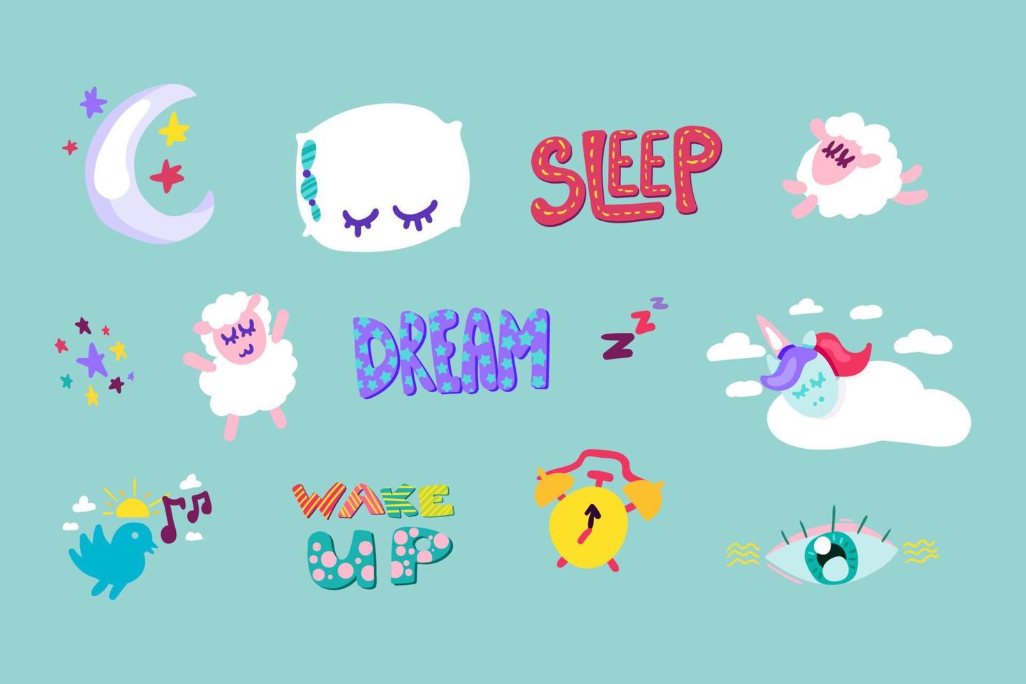 Wake up, sleep stitched frame stickers set vector