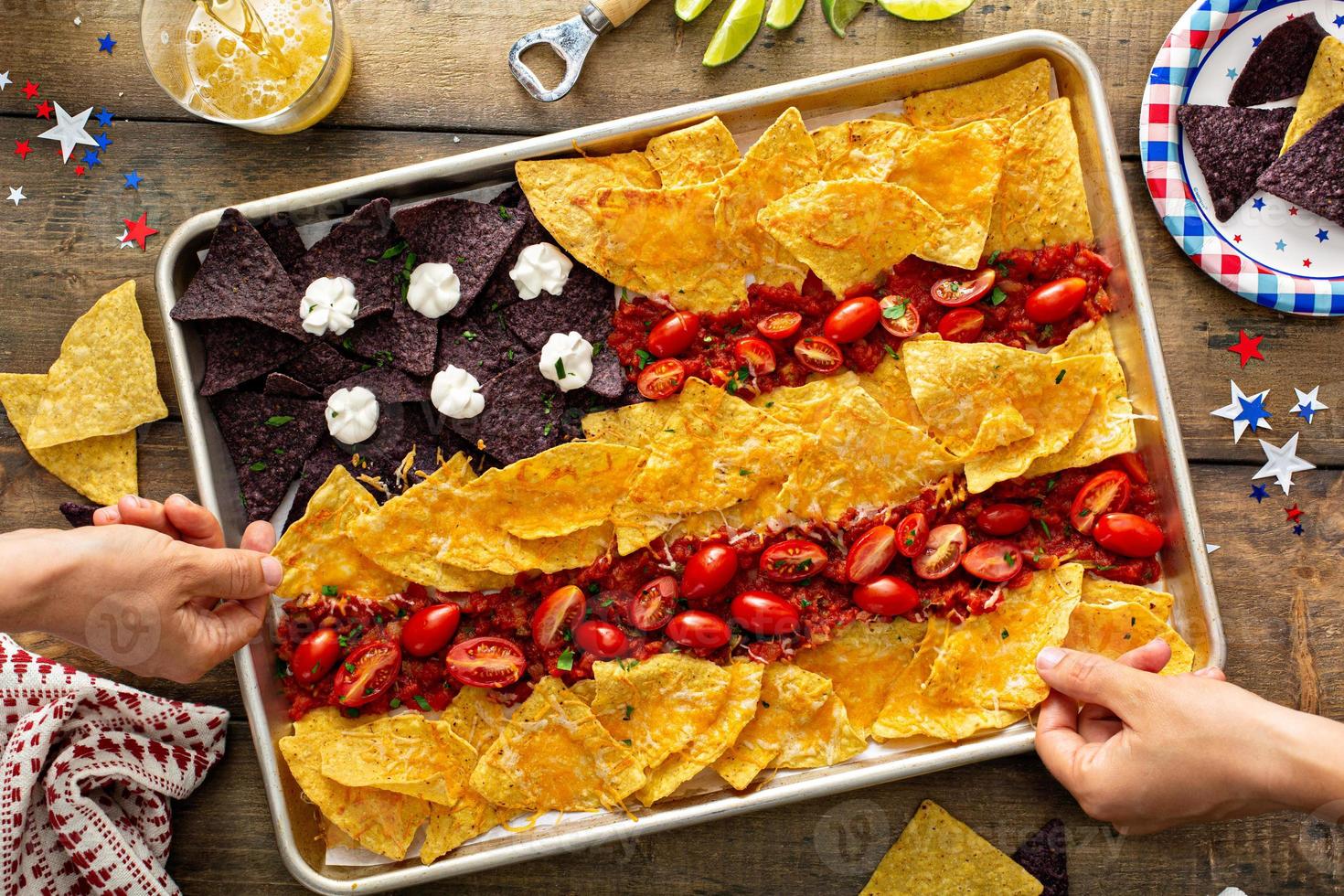 Vegetarian nachos on a tray for 4th of July photo