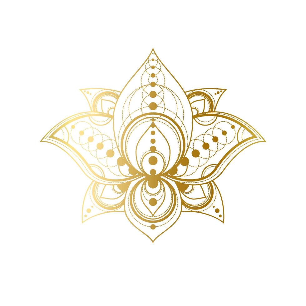 Lotus flower with geometric golden ornament vector linear illustration