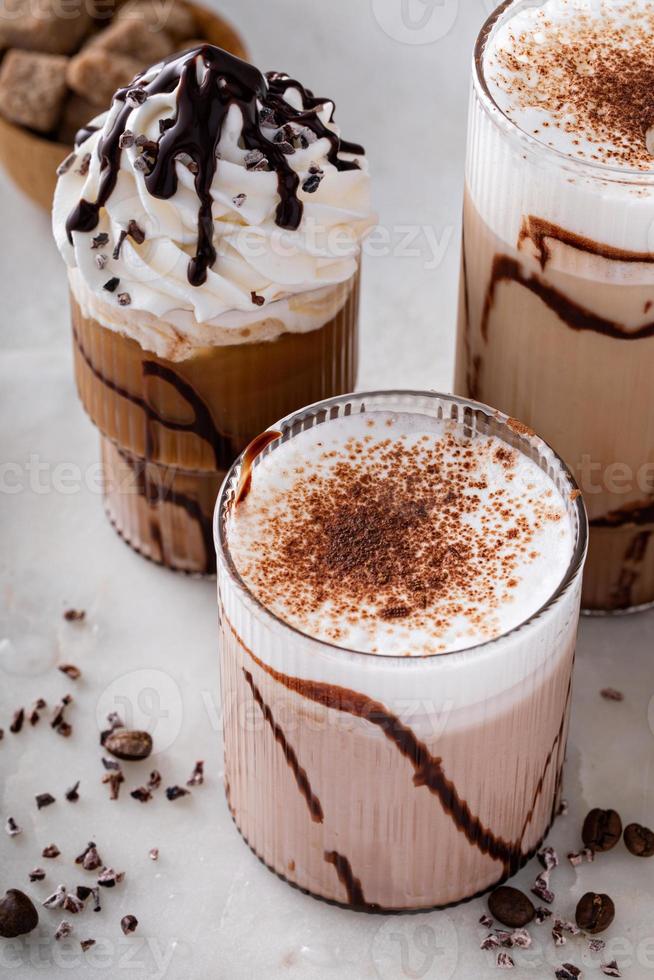Mocha latte and iced frappe, refreshing and sweet coffee drinks photo