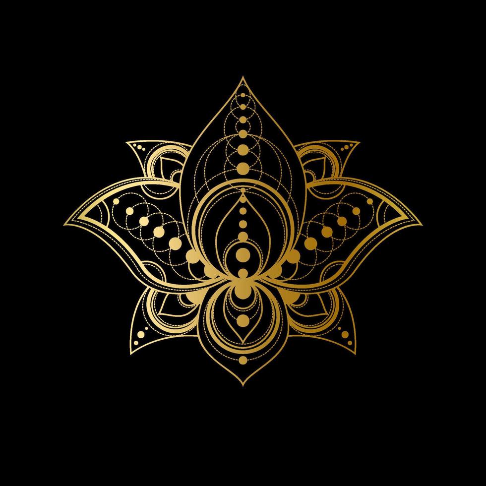 Lotus flower with geometric golden abstract ornament linear illustration vector