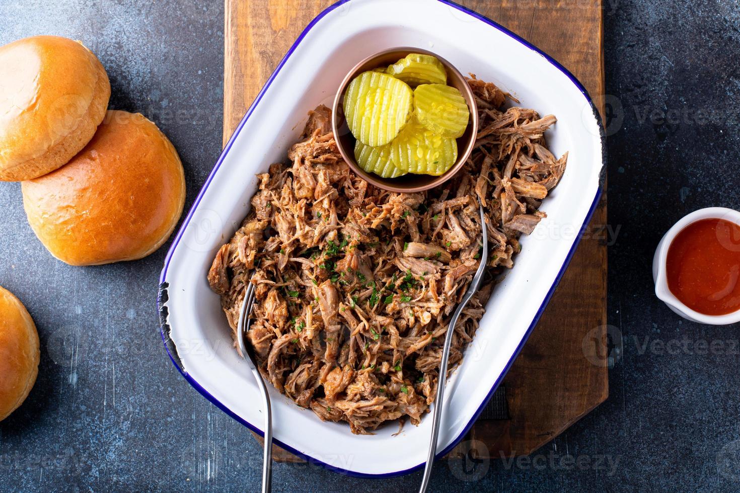 Pulled pork on a serving platter, ready to eat photo