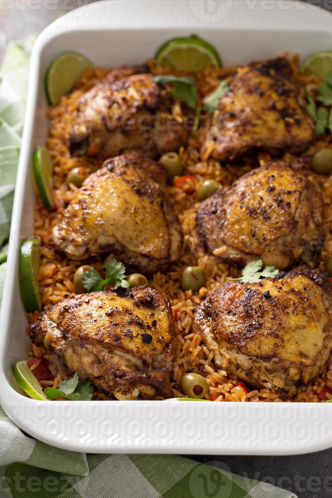 Arroz con pollo in a baking dish photo