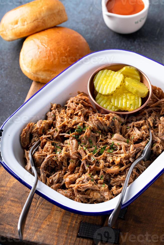 Pulled pork on a serving platter, ready to eat photo