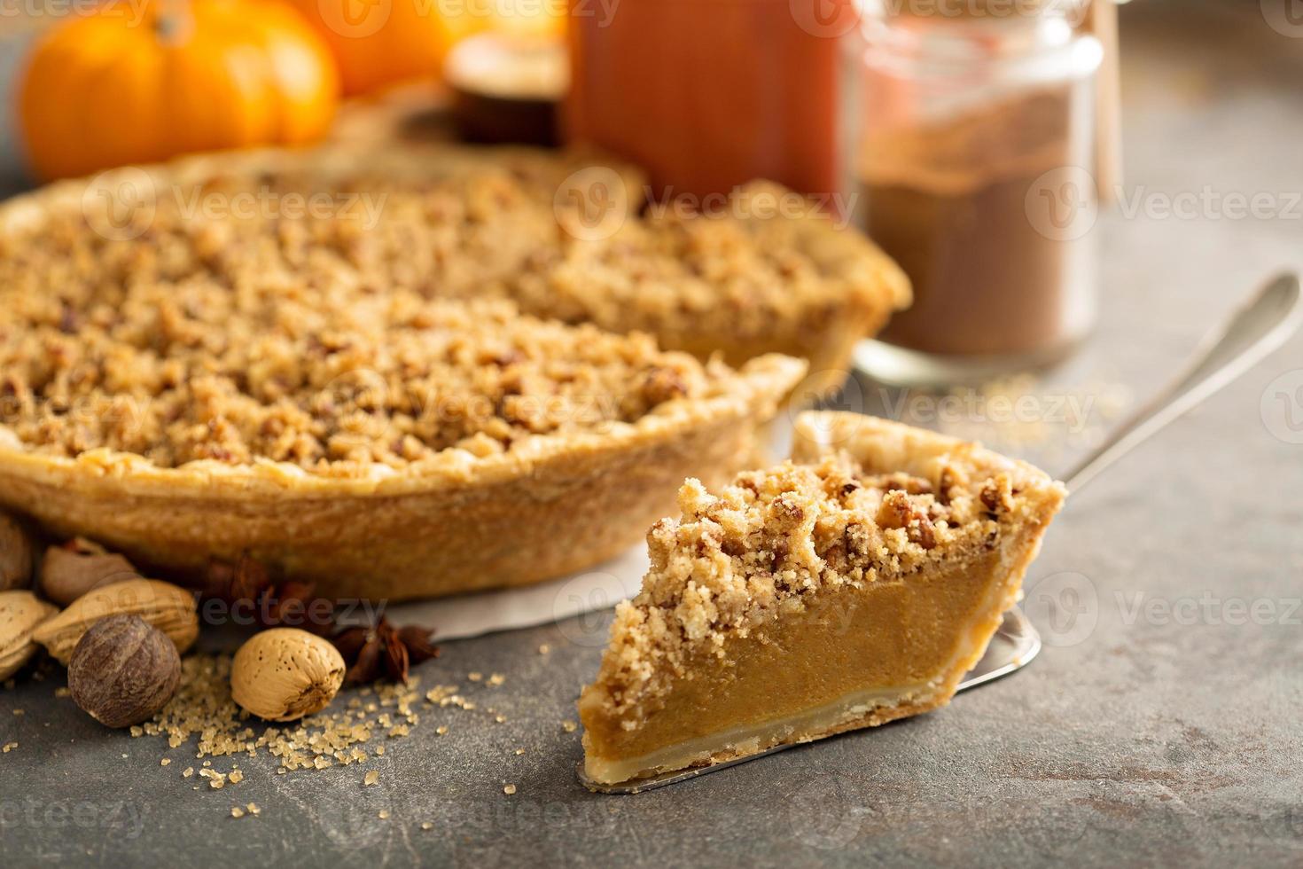 Traditional pumpkin pie with crumb topping photo