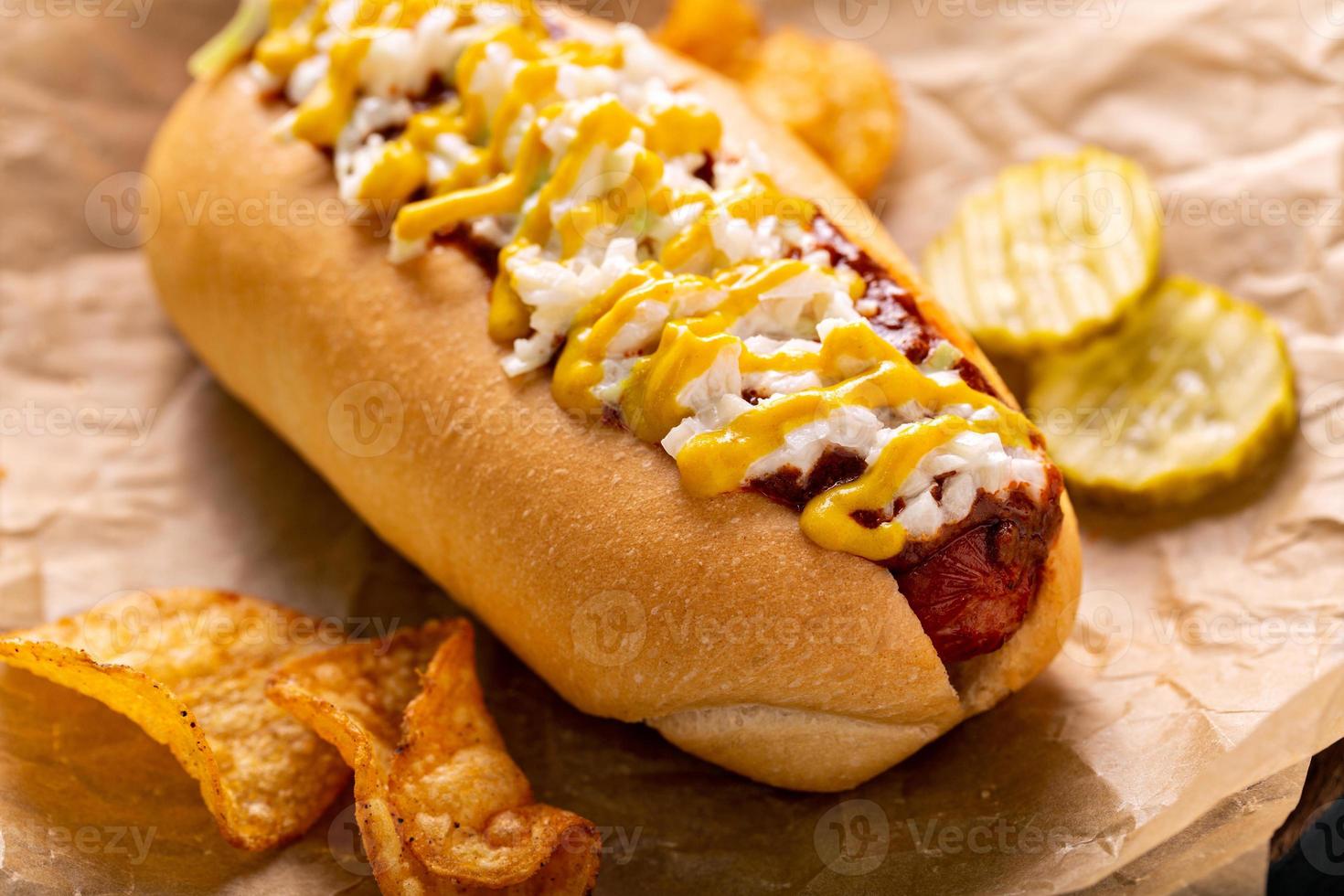 Chili hot dog with onion and mustard photo