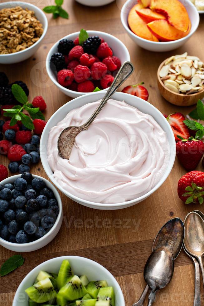 Yogurt bowl bar, big board with different toppings photo