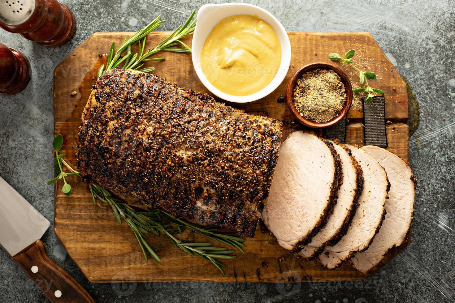 Roasted pork loin with a spice rub and mustard photo