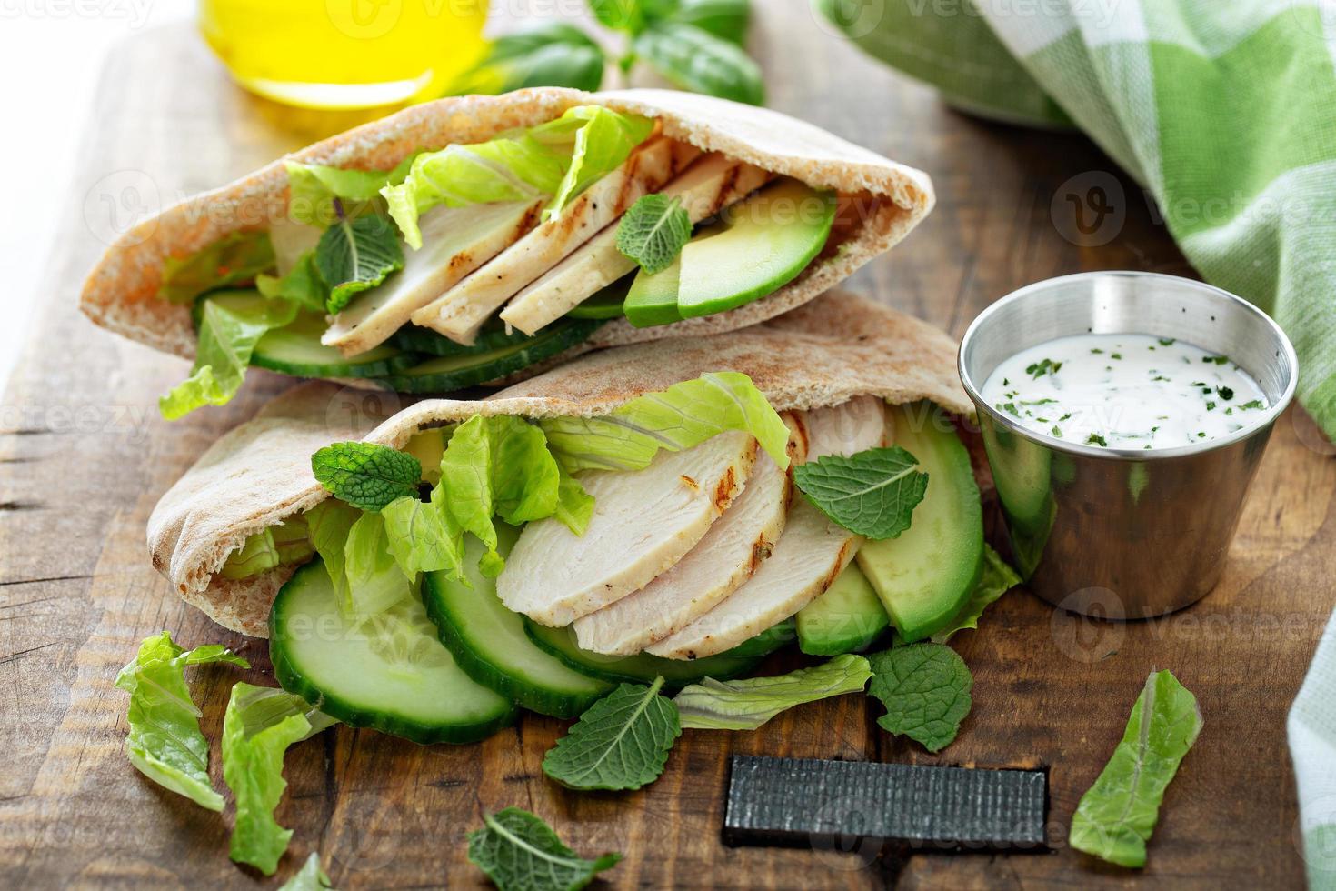 Healthy pita sandwich with chicken photo