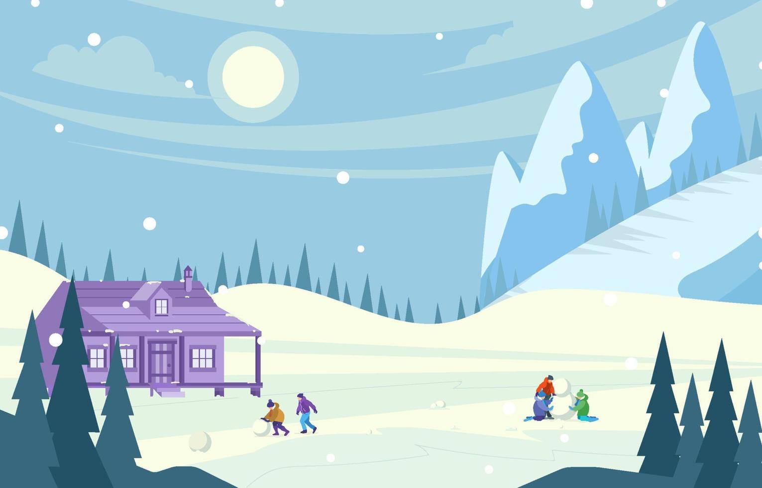 Family Playing Snow On Snowy Hill Background vector