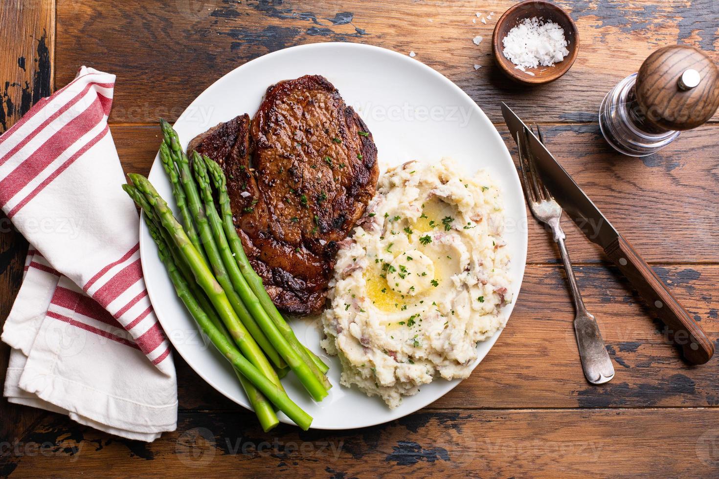 Traditional steak and mashed potatoes photo