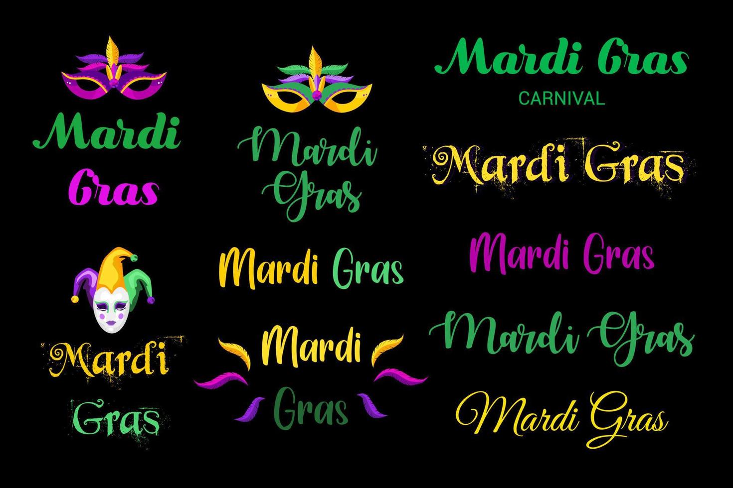 Vector inscriptions for the Mardi Gras carnival, a filigree calligraphic font with the traditional symbol of Mardi Gras