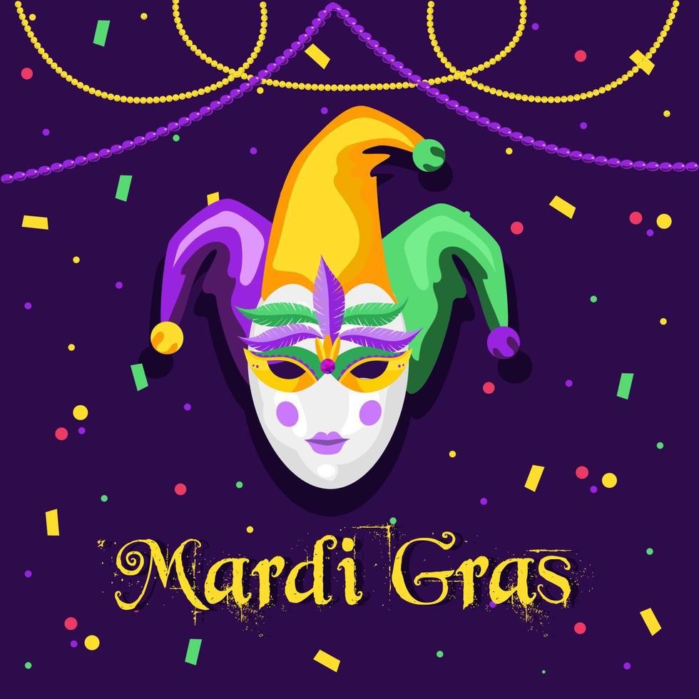 Invitation card to a carnival party. Traditional mask with feathers, maracas, fireworks, tropical leaves for carnival, Mardi Gras, festival, masquerade, parade. vector