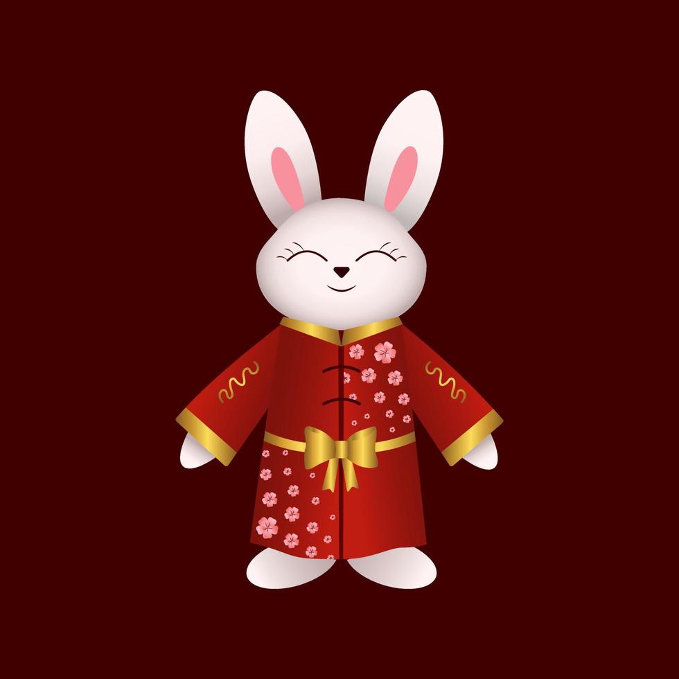 Chinese rabbits, bunnies, hare in red kimono. Vector illustration. Chinese new year design element.